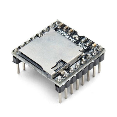 An DFPlayer Mini MP3 player module with a black and silver color scheme, designed for use in Arduino and similar projects.